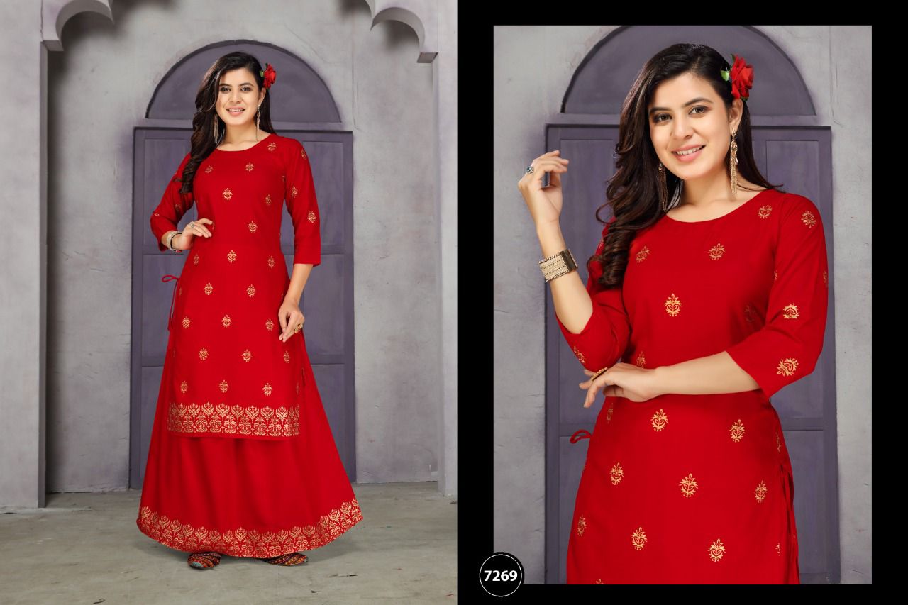 Golden Muskan 3 Heavy rayon Festive Wear Kurti With Skirt Collection